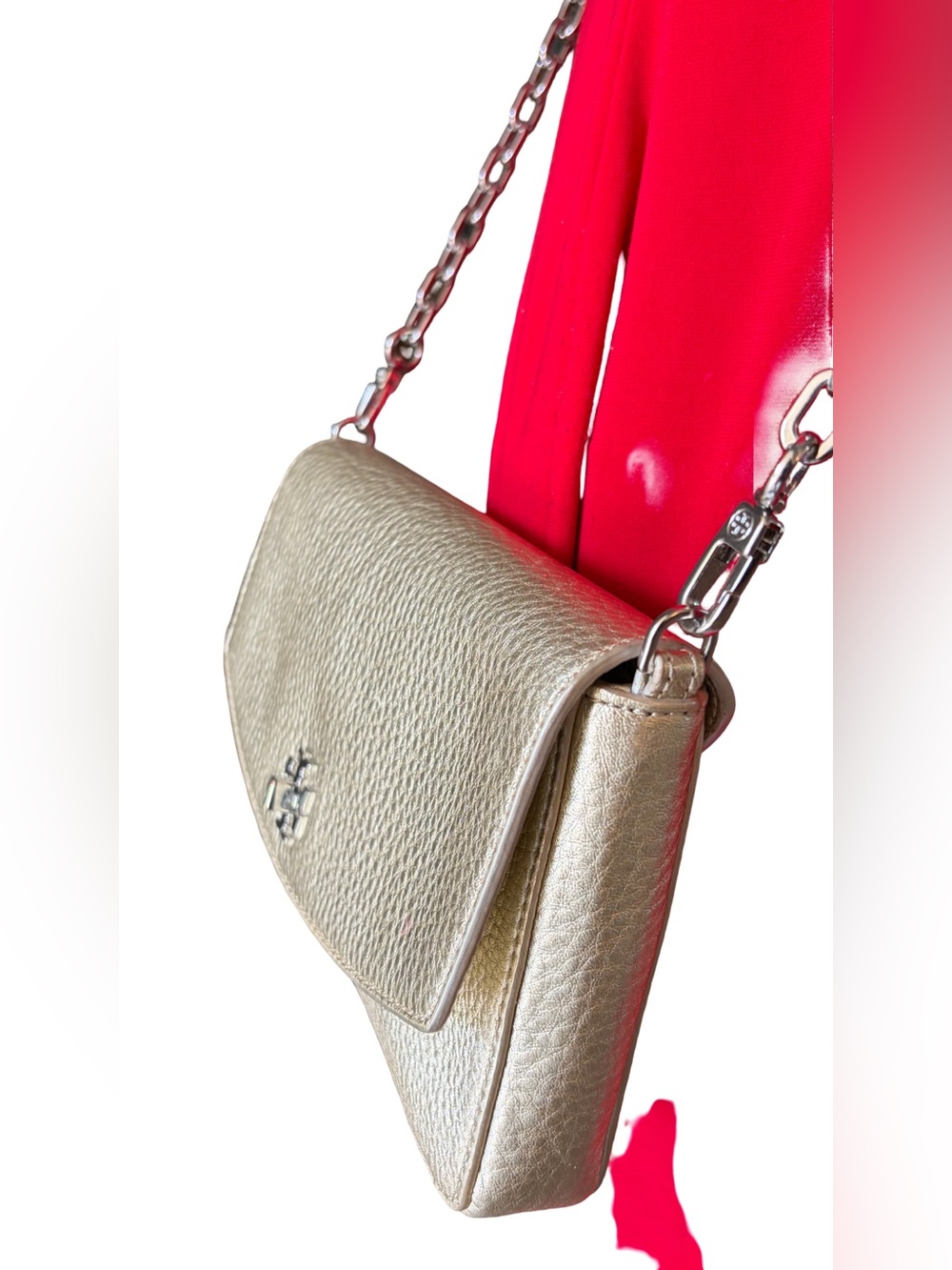 Tory Burch Gold Pebbled Leather With Silver Chain Wallet Crossbody Shoulder Bag - Picture 12 of 16